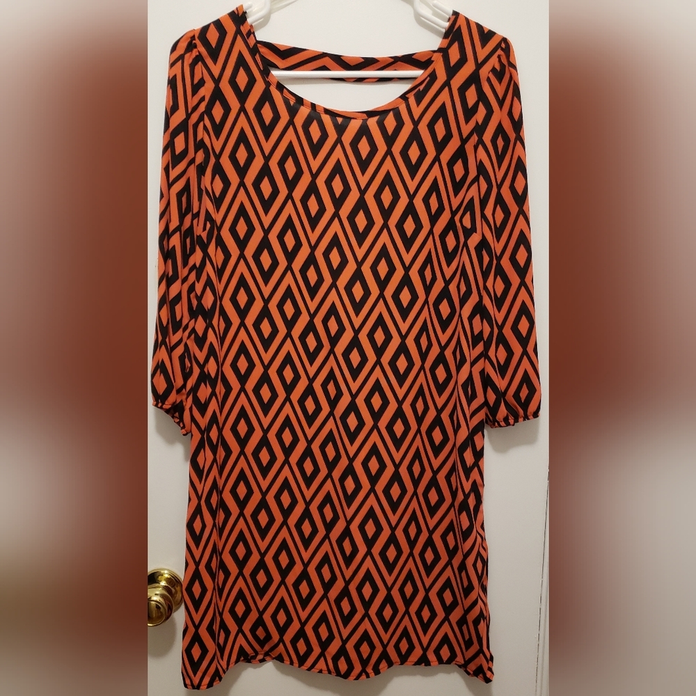 Charlotte Russe Orange and Black Geometric Tunic Dress, Size Large